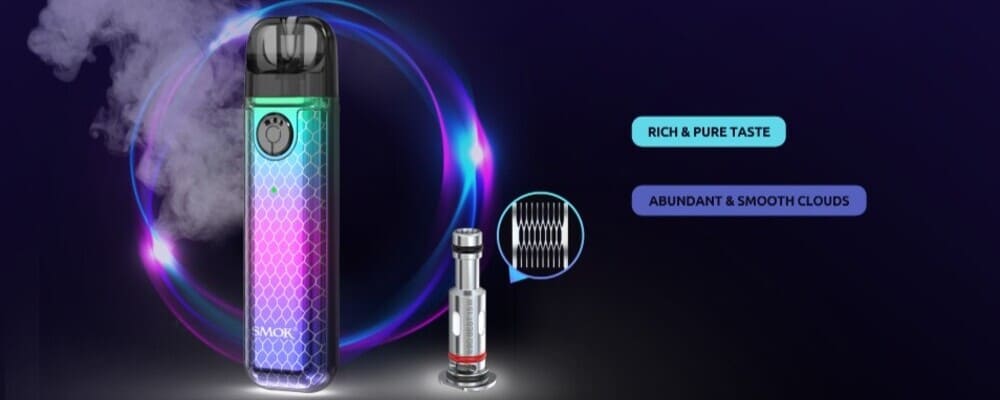 POD-система SMOK з сітчастим випарником — насичений смак і густі хмари пари. Оптимально для тих, хто шукає яскравий смак і м'яку тягу. Сумісна з RPM 3 Coil.